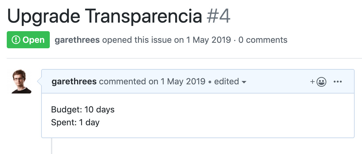 Screenshot of Github Issue description with budgets