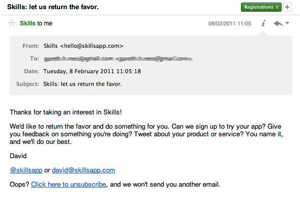 Screenshot of welcome email from Skills App
